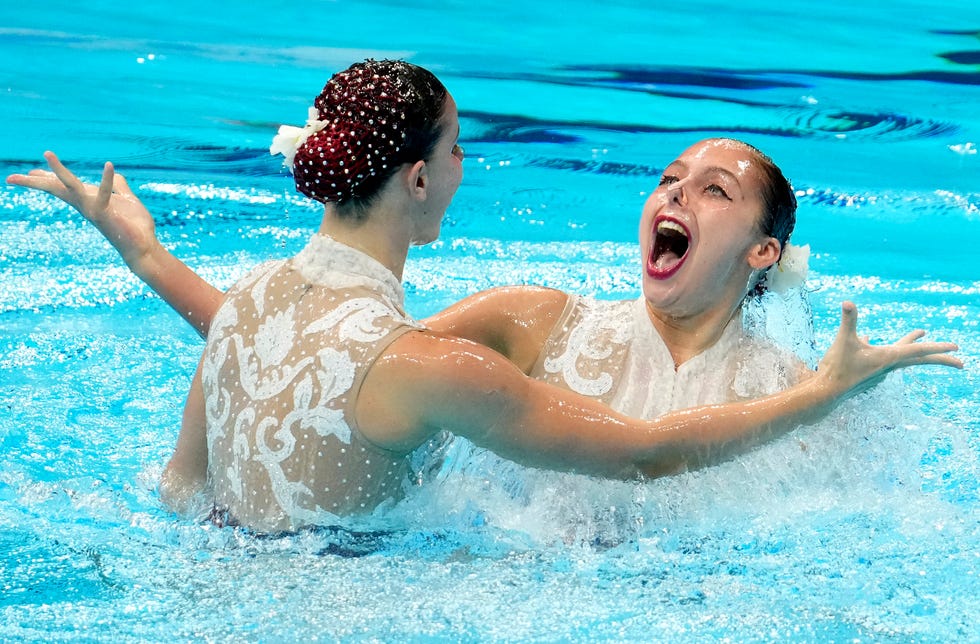 Alisa Ozhogina Ozhogin and Iris Tio Casas (ESP) compete in the preliminary round of the artistic swimming women's duo on Monday, August 2, 2021, during the Tokyo 2020 Summer Olympic Games at the Tokyo Aquatic Center.