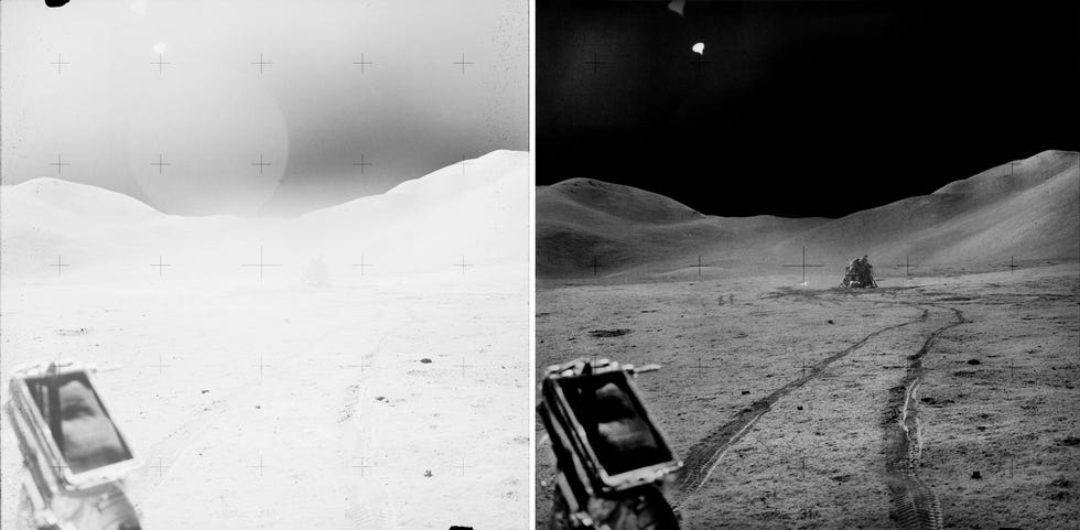 قبل وبعد صور آثار LRV على سطح القمر.