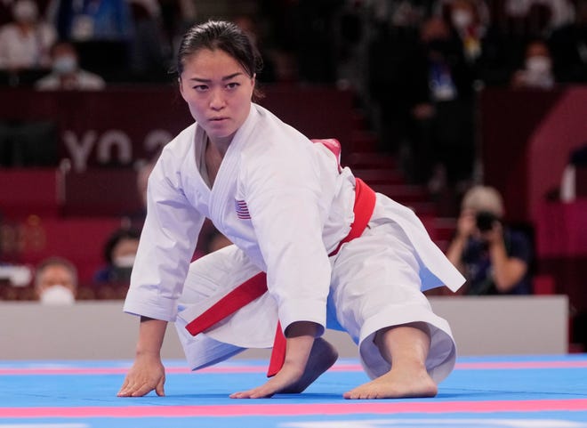 Aug 5, 2021; Tokyo, Japan; Sakura Kokumai (USA) competes in the women's kata elimination round during the Tokyo 2020 Olympic Summer Games at Nippon Budokan.