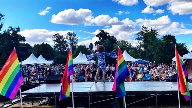 "Dive Daphne" (Bill Sullivan) on stage during Eugene Pride 2019 in Alton Baker Park.