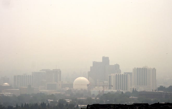 Downtown Reno is covered in smoke from the Dixie Fire in California on August 6, 2021