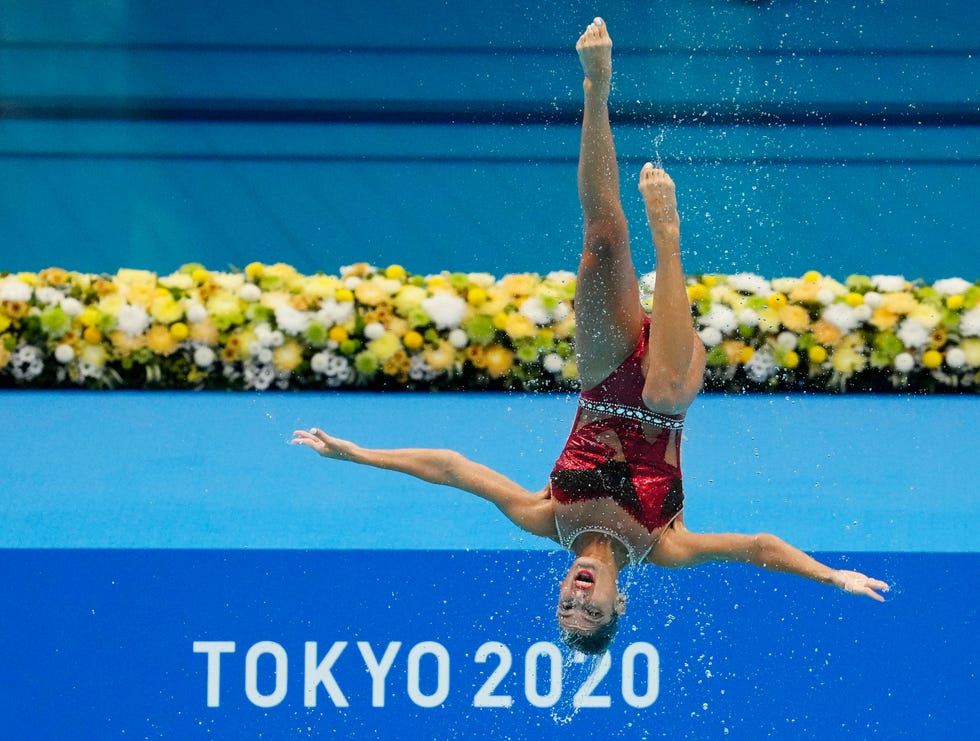 August 6, 2021: Egypt competes in the technical routine of the women's artistic swimming team during the Tokyo 2020 Summer Olympics at the Tokyo Aquatic Center.