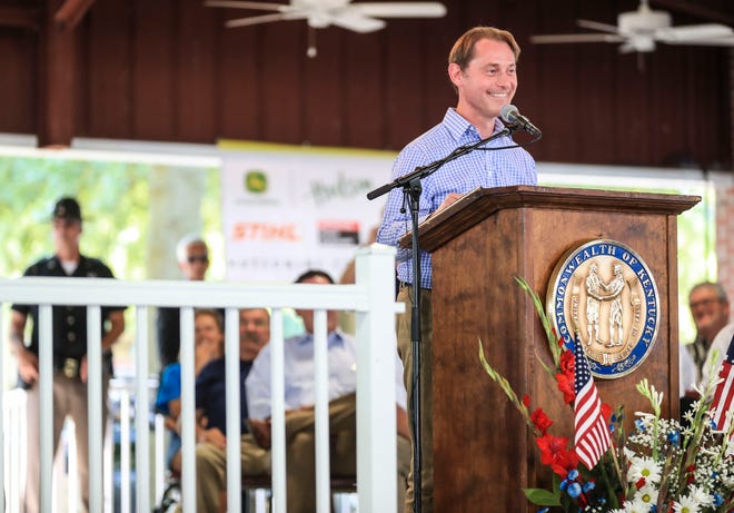 Secretary of State Michael Adams zings an absent Gov. Andy Beshear at the Fancy Farm picnic on Aug. 4, 2021. No Kentucky Democratic politicians showed to speak at the event.