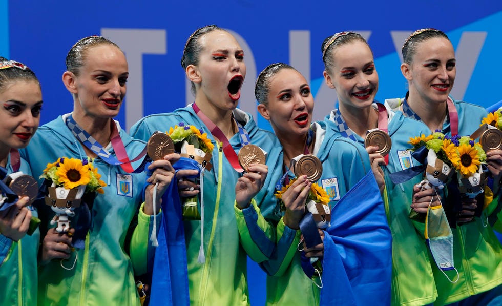 August 7, 2021: Ukraine wins bronze medal in the women's artistic swimming team free exercise during the Tokyo 2020 Summer Olympics at the Tokyo Aquatic Center.