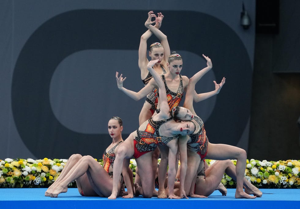 August 7, 2021: Ukraine competes in the women's artistic swimming team's free routine during the Tokyo 2020 Summer Olympics at the Tokyo Aquatic Center.