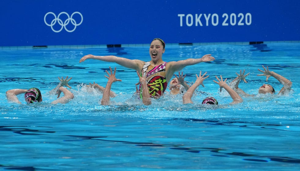 August 7, 2021: Japan competes in the women's artistic swimming team's free routine during the Tokyo 2020 Summer Olympics at the Tokyo Aquatic Center.