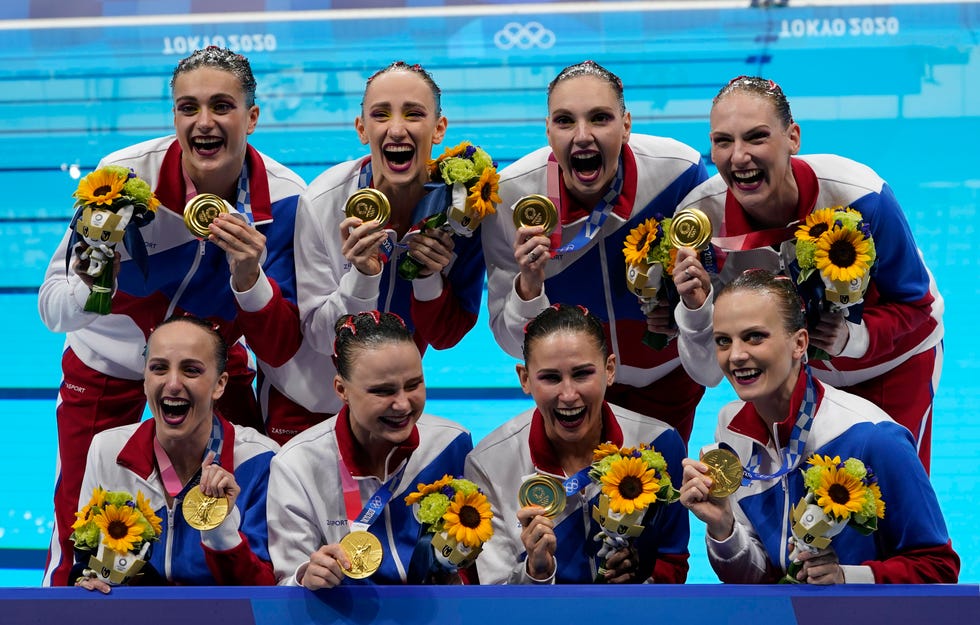 August 7, 2021: Russia wins gold in the women's artistic swimming team free exercise during the Tokyo 2020 Summer Olympics at the Tokyo Aquatic Center.