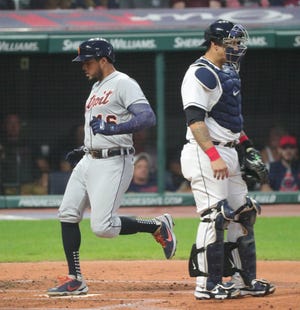 Detroit Tigers third baseman Jeimer Candelario (46) scores against Cleveland during second inning action Saturday, August 7, 2021 at Progressive Field in Cleveland OH.
