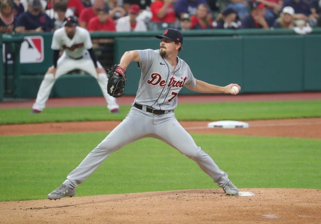 Detroit Tigers starting pitcher Tyler Alexander (70) pitches against Cleveland during first inning action Saturday, August 7, 2021 at Progressive Field in Cleveland OH.