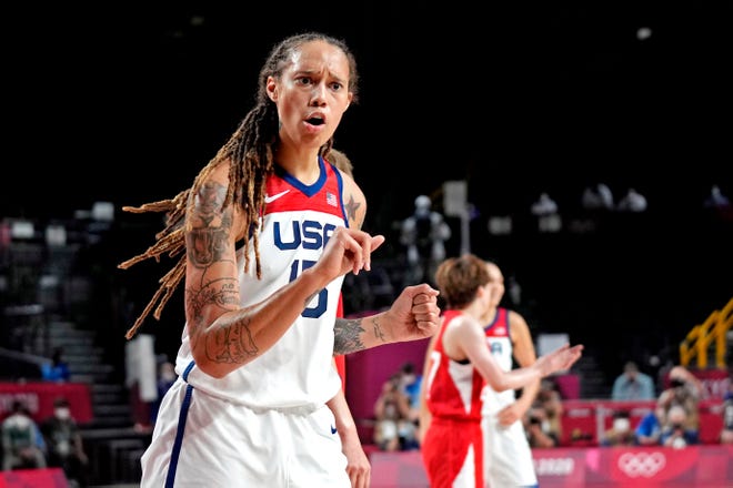 Aug 8, 2021; Saitama, Japan; United States centre Brittney Griner (15) reacts to a call against Japan in the women's basketball gold medal match during the Tokyo 2020 Olympic Summer Games at Saitama Super Arena. Mandatory Credit: James Lang-USA TODAY Sports