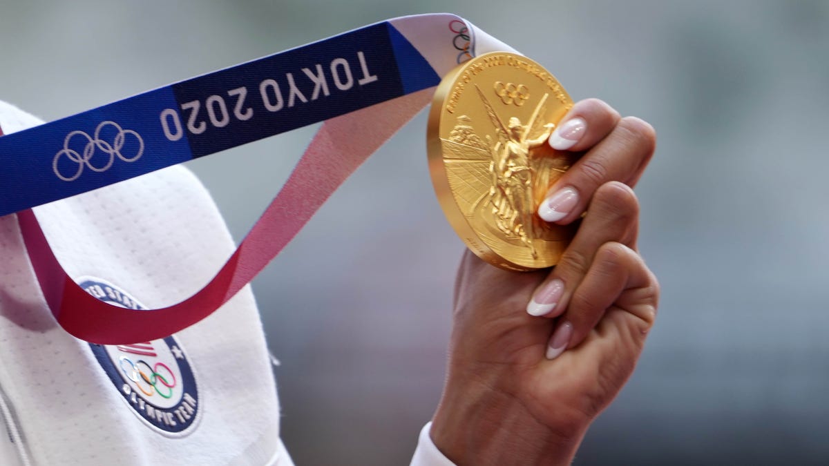 A detailed view of the gold medal won by Sydney McLaughlin in the women's 400-meter hurdles.