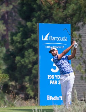 Erik van Rooyen hits a tee shot on the No. 3 hole during the Barracuda Championship PGA golf tournament at Tahoe Mt. Club’s Old Greenwood golf course in Truckee, California on Sunday.