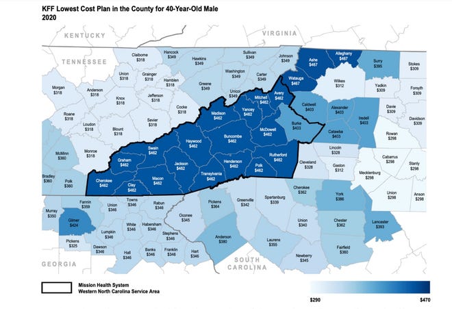 A map compares insurance premiums in Mission Health/HCA Healthcare's Western North Carolina region (outlined in black) compared with other nearby rates.
