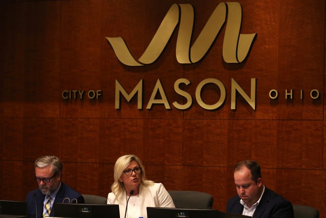 Mason City Council member Kathy Grossman speaks at a Mason City Council meeting on Monday, August 9, 2021 at the Mason Municipal Center in Mason, Ohio. At the last meeting on July 12, council member T.J. Honerlaw proposed to introduce an abortion ban “very soon”. However, there was no mention of an abortion ban on the council’s agenda.