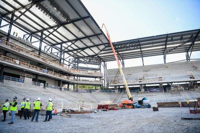 Construction continues on Nashville SC's new stadium at fairgrounds in Nashville, Tenn., Tuesday, Aug. 10, 2021. The stadium is set to open in May 2022.