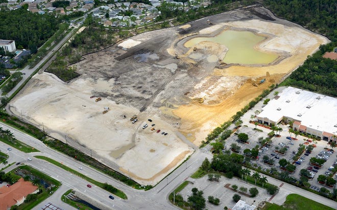 Stock’s mixed-use project of Estero Crossing is located on the south side of Corkscrew Road (bottom), just west of I-75 in Estero.