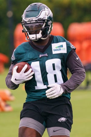 Philadelphia Eagles wide receiver Jalen Reagor in action during practice at NFL football training camp, Thursday, July 29, 2021, in Philadelphia.