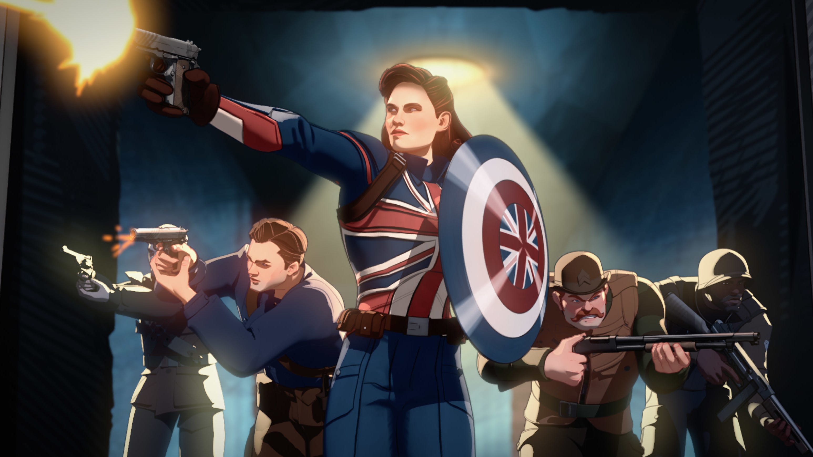 Captain Carter (voiced by Hayley Atwell, center) leads the Howling Commandos into battle in the premiere episode of Marvel's animated "What If...?"