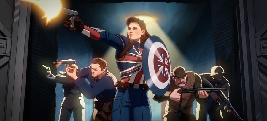 Captain Carter (voiced by Hayley Atwell, center) leads the Howling Commandos into battle in the premiere episode of Marvel's animated "What If...?"
