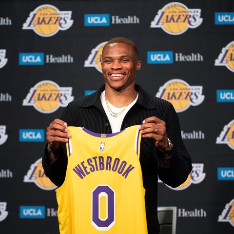 Russell Westbrook, who held up his new Lakers jers