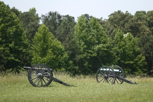 Cannons sit on a site near Fort Morton at Petersburg National Battlefield.