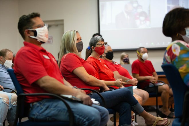 Representatives from the Leon Classroom Teacher Association, who are concerned about the number of teachers calling out sick, attend the Leon County School Board meeting Tuesday, August 10, 2021.