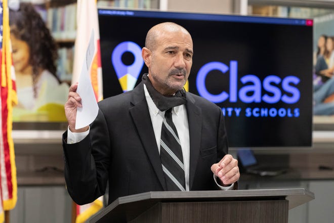 Leon County Schools Superintendent Rocky Hanna holds a press conference to announce a mask mandate with an option for opting out with a doctor's note at the school district office Monday, August 9, 2021. 