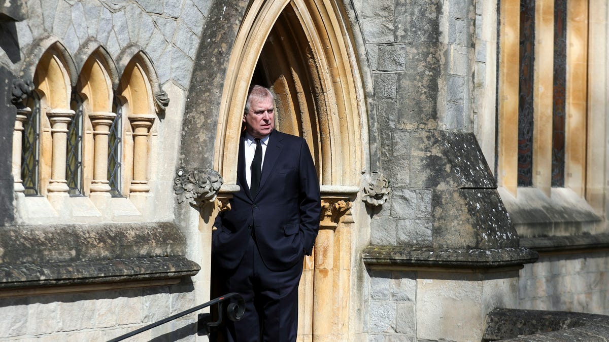 Prince Andrew attends Sunday service at the Royal Chapel of All Saints at Royal Lodge, Windsor, following the death announcement of his father, Prince Philip, April 11, 2021.