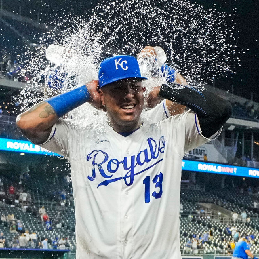 Kansas City Royals catcher Salvador Perez gets doused with water after hitting two home runs in the Royals' 8-4 win over the New York Yankees on August 10, 2021.