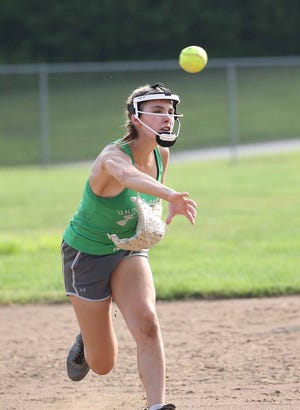 Boonville senior Rachel Massa throws to home during a drill Monday at Bill Simmons field at Rolling Hills park. Massa will be one of five starters returning for the Lady Pirates this fall under head coach Christie Zoeller.