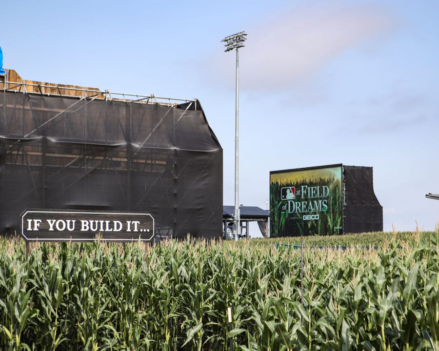 Dyersville, Iowa, USA; Fans will be greeted by this famous line before entering the stands to the game between the Chicago White Sox and the New York Yankees at the Field of Dreams.