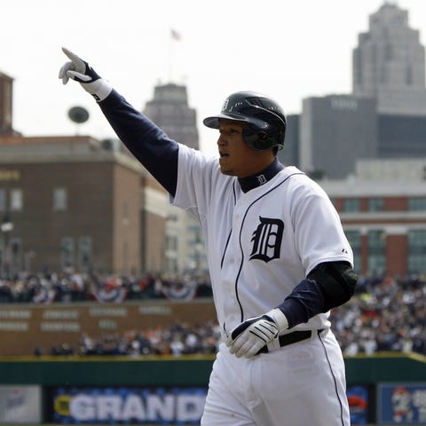 Detroit Tigers slugger Miguel Cabrera points to th