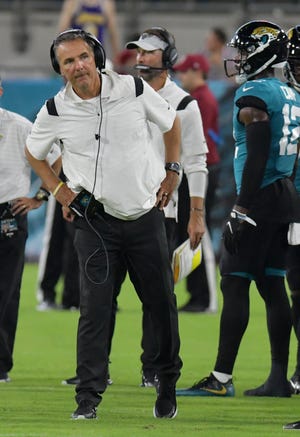 Jaguars head coach Urban Meyer looks down the sidelines during late fourth quarter action against the Browns on Aug. 14.