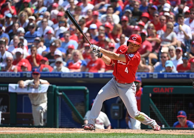 Aug 15, 2021; Philadelphia, Pennsylvania, USA; Cincinnati Reds left fielder Shogo Akiyama (4) hits a two-RBI double against the Philadelphia Phillies during the third inning at Citizens Bank Park.