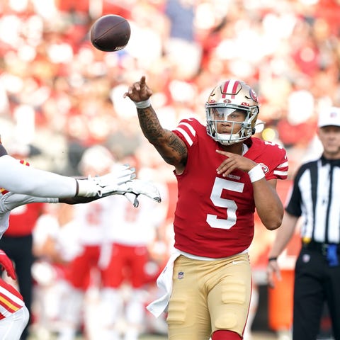San Francisco 49ers quarterback Trey Lance throws 