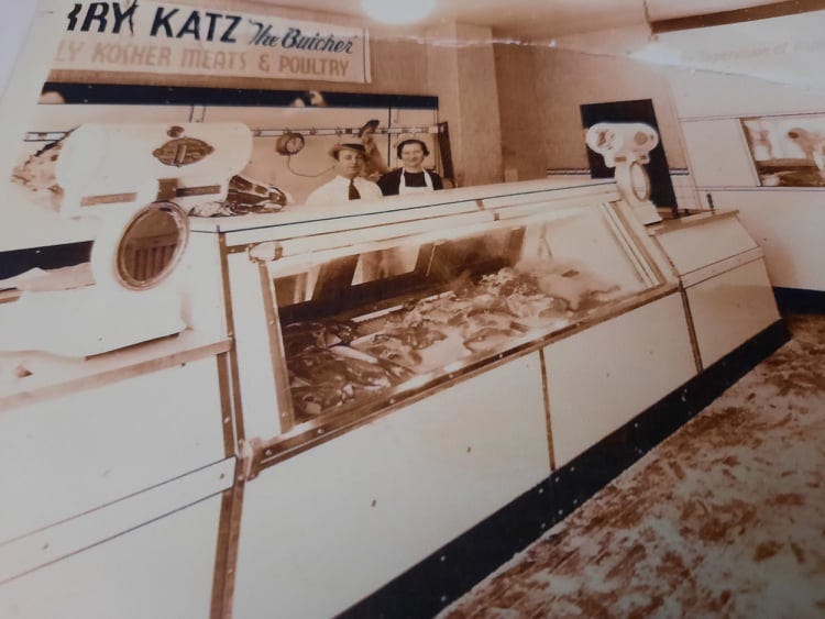 Harry and Eleanor Katz in the kosher meat and poultry butcher store they owned on Haddon Avenue in Camden. Katz also co-owned another shop in Cherry Hill that Muhammad Ali used to frequent when he lived in Cherry Hill in the 1970s. Katz's granddaughter Linda Shapiro Fox met Ali in there one day.