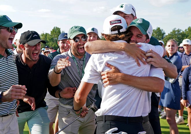 Friends congratulate James Piot after winning the U.S. Amateur.