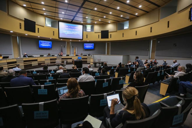 Members of the public attend a Las Cruces City Council meeting at Las Cruces City Hall on Monday, Aug. 16, 2021.