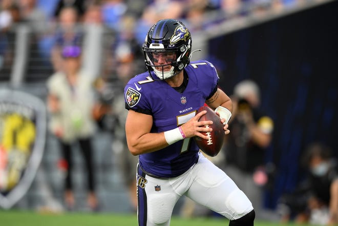 Baltimore Ravens quarterback Trace McSorley looks to pass against the New Orleans Saints during the first half of an NFL preseason football game, Saturday, Aug. 14, 2021, in Baltimore. (AP Photo/Nick Wass)