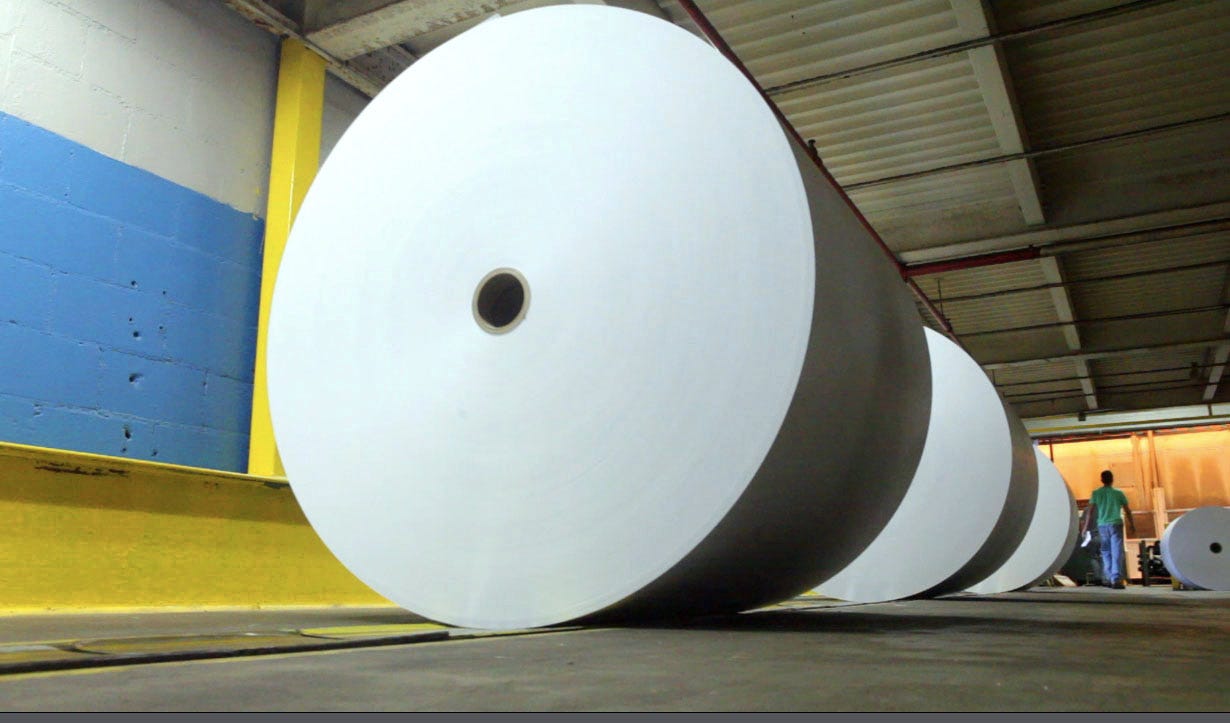 PAPER PIXEL  - PARK FALLS  - SCREEN GRAB - USE NO BIGGER THAN 4 COLS. FOR "HOW PAPER IS MADE" VIDEO OR GRAPHIC ----  paper on conveyor going to shipping or converting facility  at the Flambeau River Papers mill in Park Falls, WI on August 9, 2012. Photo by Mike De Sisti / MDESISTI@JOURNALSENTINEL.COM