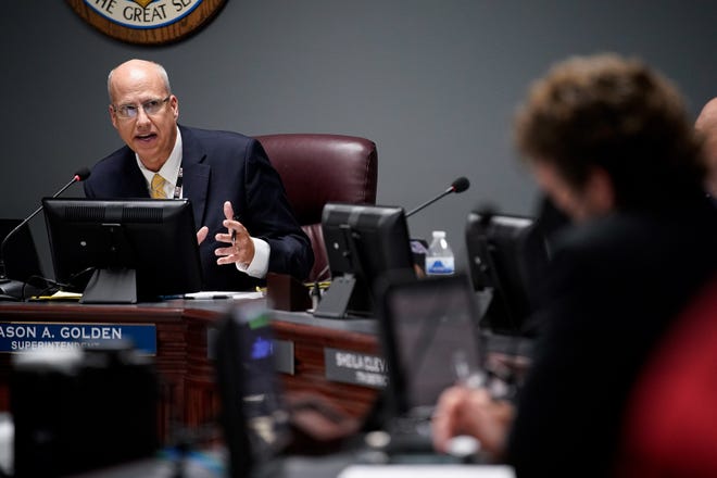 Superintendent Jason Golden speaks during a Williamson County Board of Education meeting in Franklin, Tenn., Monday, Aug. 16, 2021.