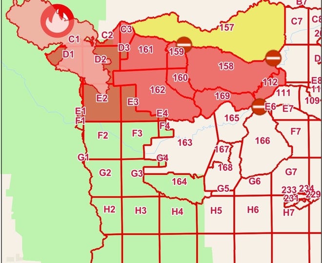Mcfarland Fire evacuation map on Tuesday, Aug. 17, 2021: The Tehama County Sheriff's office ordered evacuations for residents in red areas. Yellow regions are under evacuation warnings.