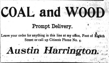 An advertisement for Austin Harrington's coal and lumber business from the Holland City News in 1899.