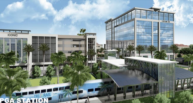 Office and garages planned as part of PGA Station, a development slated to be built next to a hoped-for rail station in Palm Beach Gardens.