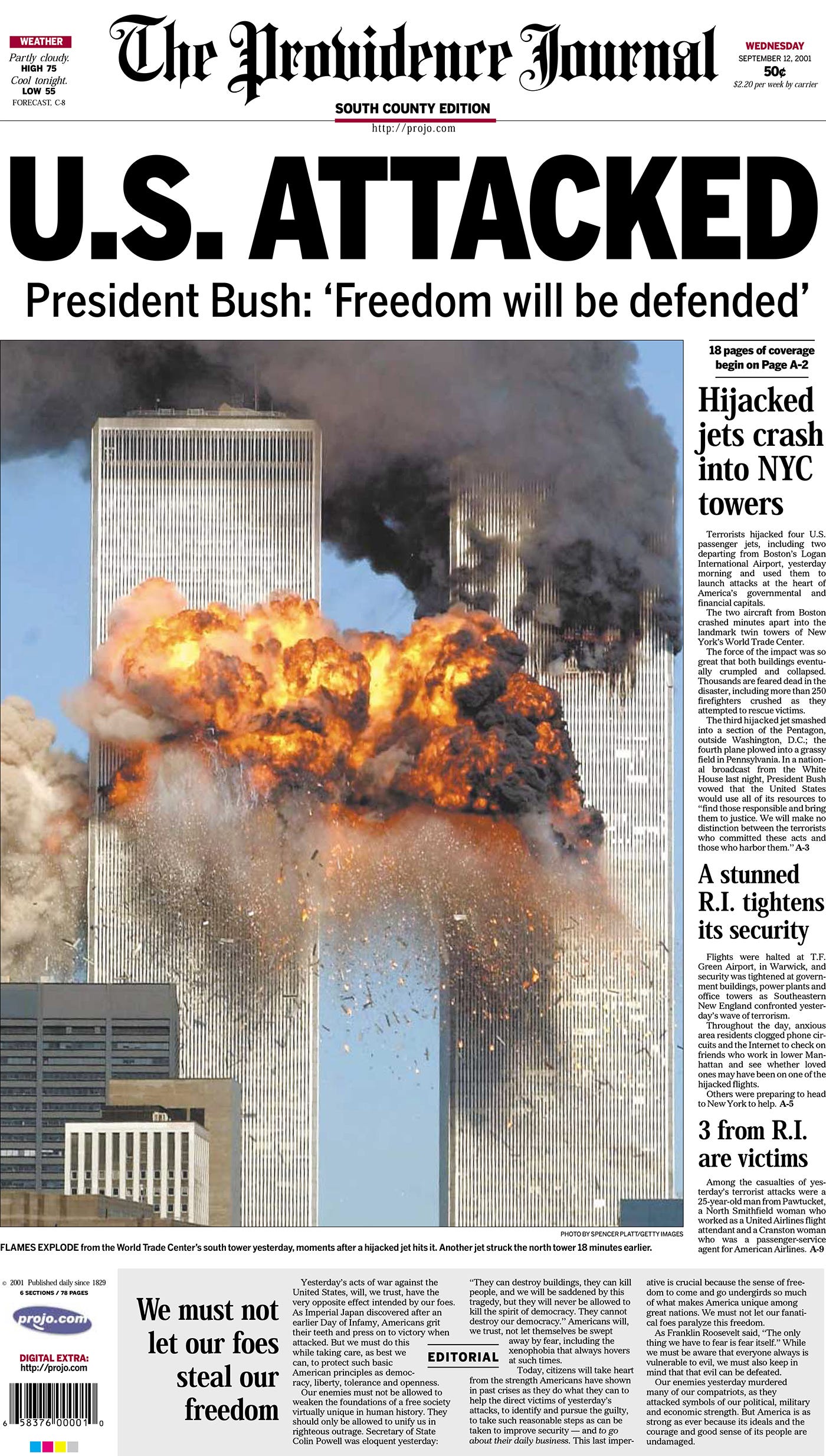 Providence Journal page one on Sept. 12, 2001