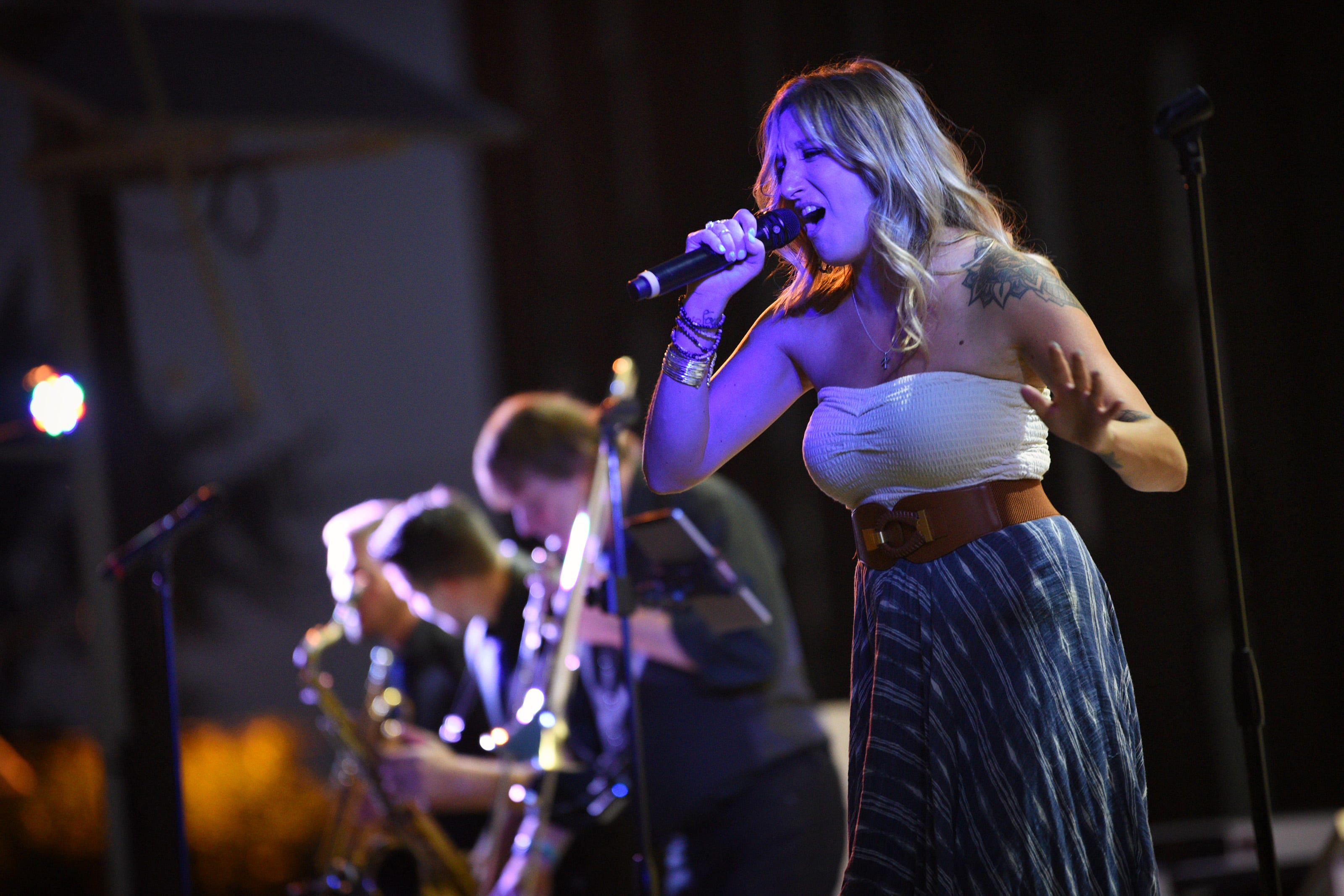 Members of the New Power Soul band perform during one of the free Summer Concert series hosted by HACPAC, performed at The Green in Hackensack on 08/03/21.  