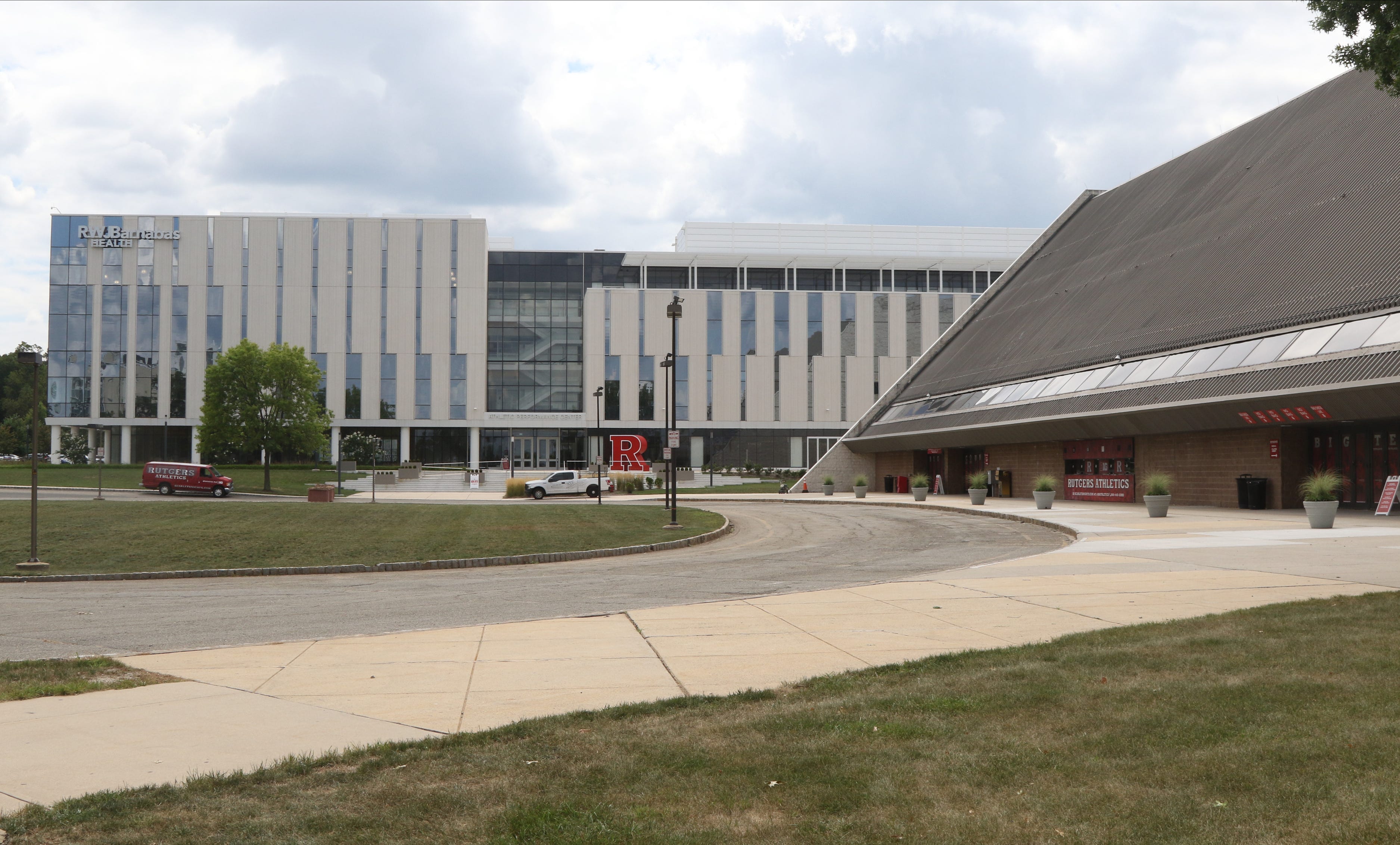 The new RWJBarnabas Health Athletic Performance Center, at left, next to the Rutgers Athletic Center on the Rutgers campus.