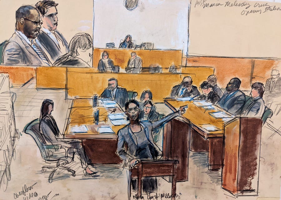 In this courtroom artist's sketch made from a video screen monitor of a Brooklyn courtroom, defendant R. Kelly, top left, listens as Assistant U.S. Attorney Maria Melendez, center, makes opening arguments, Wednesday, Aug. 18, 2021 in New York. The prosecutor described sex abuse claims against Kelly, saying the long-anticipated trial now underway was "about a predator" who used his fame to entice girls, boys and young women before dominating and controlling them physically, sexually and   psychologically.