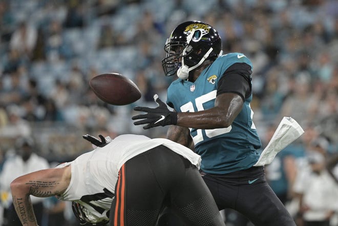 Jaguars safety Jarrod Wilson breaks up a pass against Cleveland last week at TIAA Bank Field.
