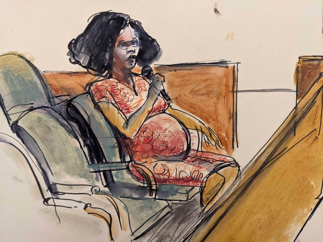 In a courtroom sketch, Jerhonda Johnson Pace testifies against R. Kelly during the singer's sex trafficking trial in federal court on Aug. 18, 2021, in New York.